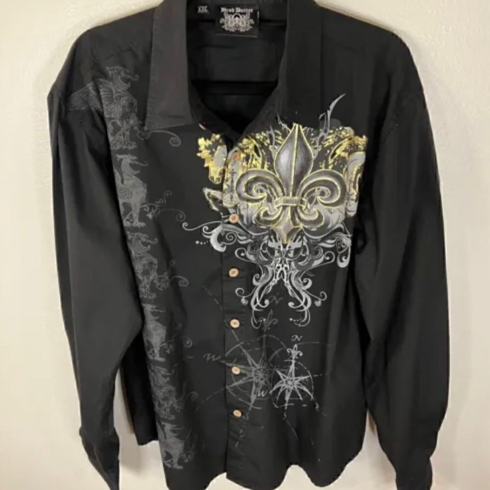 Brad Butter Mens Shirt Black Button Front L/S Graphic Size XXL Combed Cotton
